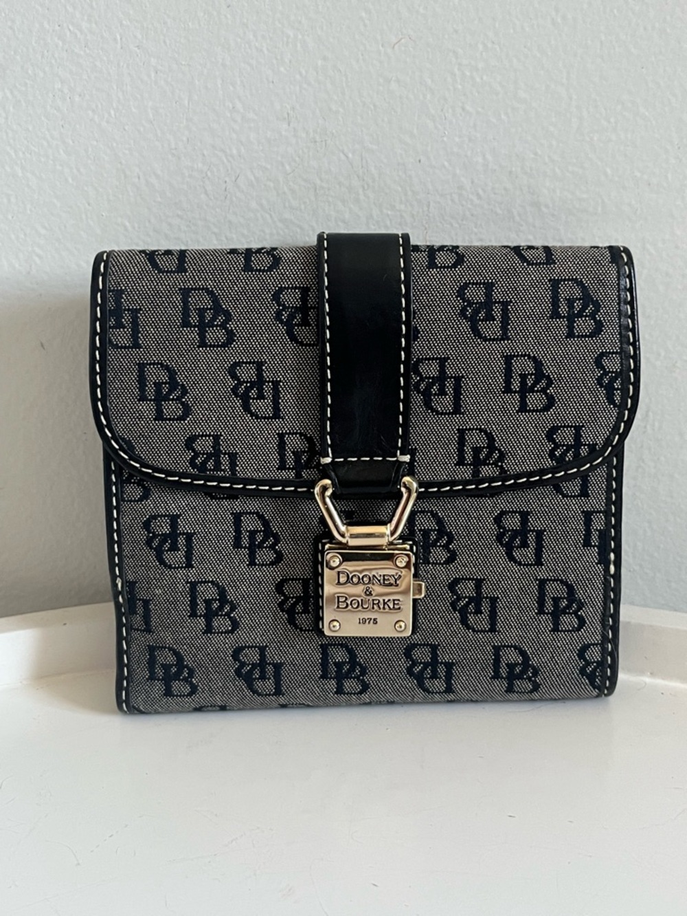 Dooney & Bourke Black and Gray Monogram Canvas Compact Wallet